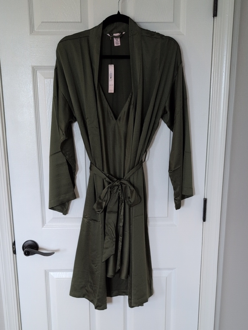2 Piece Set Victoria's Secret Olive Satin Wrap Robe & Slip Set